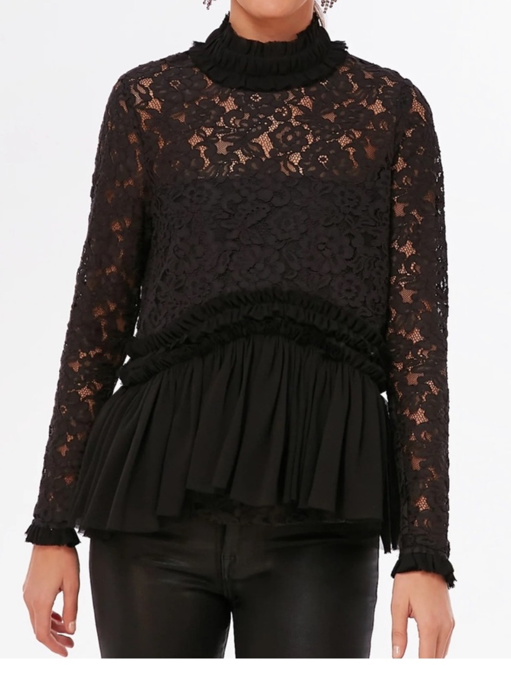 Tuckernuck Black Lace Ruffled Cotton Blend Long Sleeve Myla Blouse Top Sz. s